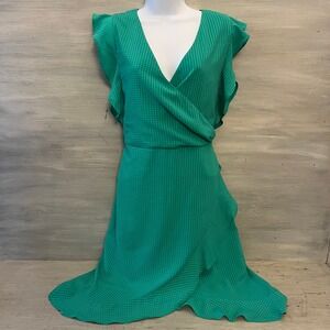 a new day Kelly Green Faux Wrap Flutter Sleeve Dress Medium Good Condition